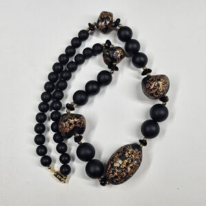 Clay Bead Necklace Matte Black Gold Handpainted Vintage Handmade